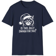 Funny Grumpy Cat Christmas Short Sleeve Shirt with text "Is This Jolly Enough For You" - Navy Blue
