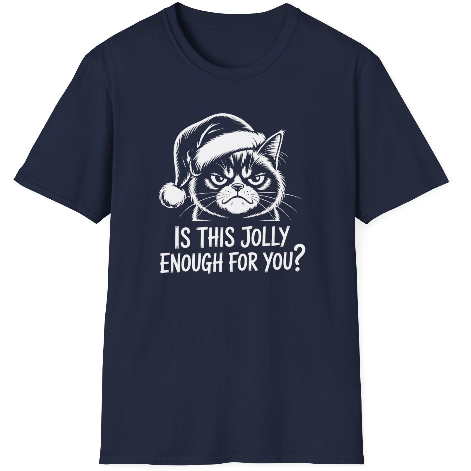 Funny Grumpy Cat Christmas Short Sleeve Shirt with text "Is This Jolly Enough For You" - Navy Blue