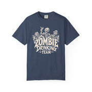 A navy blue short-sleeve crewneck t-shirt featuring a white graphic print of three zombie characters above the text 'ZOMBIE DRINKING TEAM'.