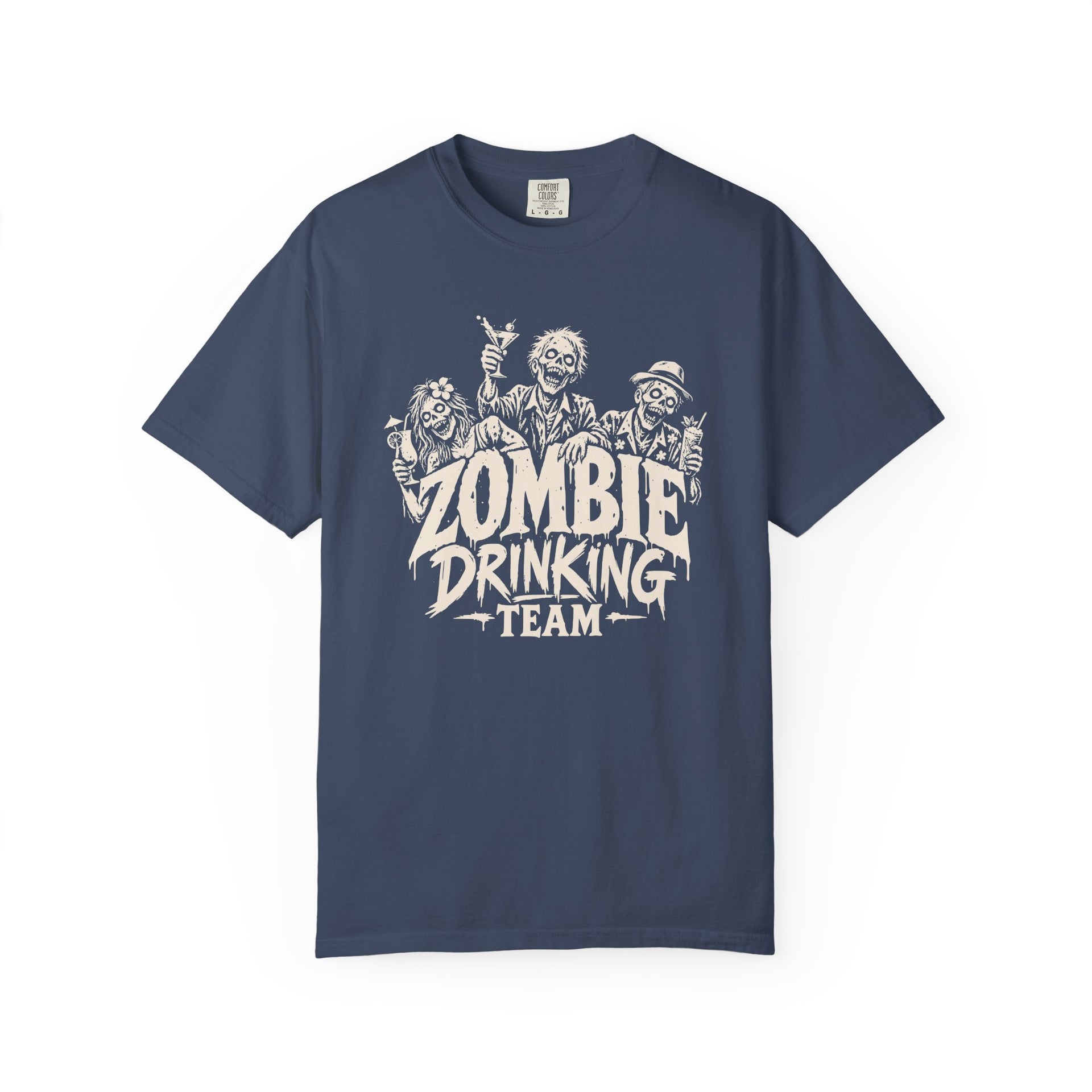 A navy blue short-sleeve crewneck t-shirt featuring a white graphic print of three zombie characters above the text 'ZOMBIE DRINKING TEAM'.