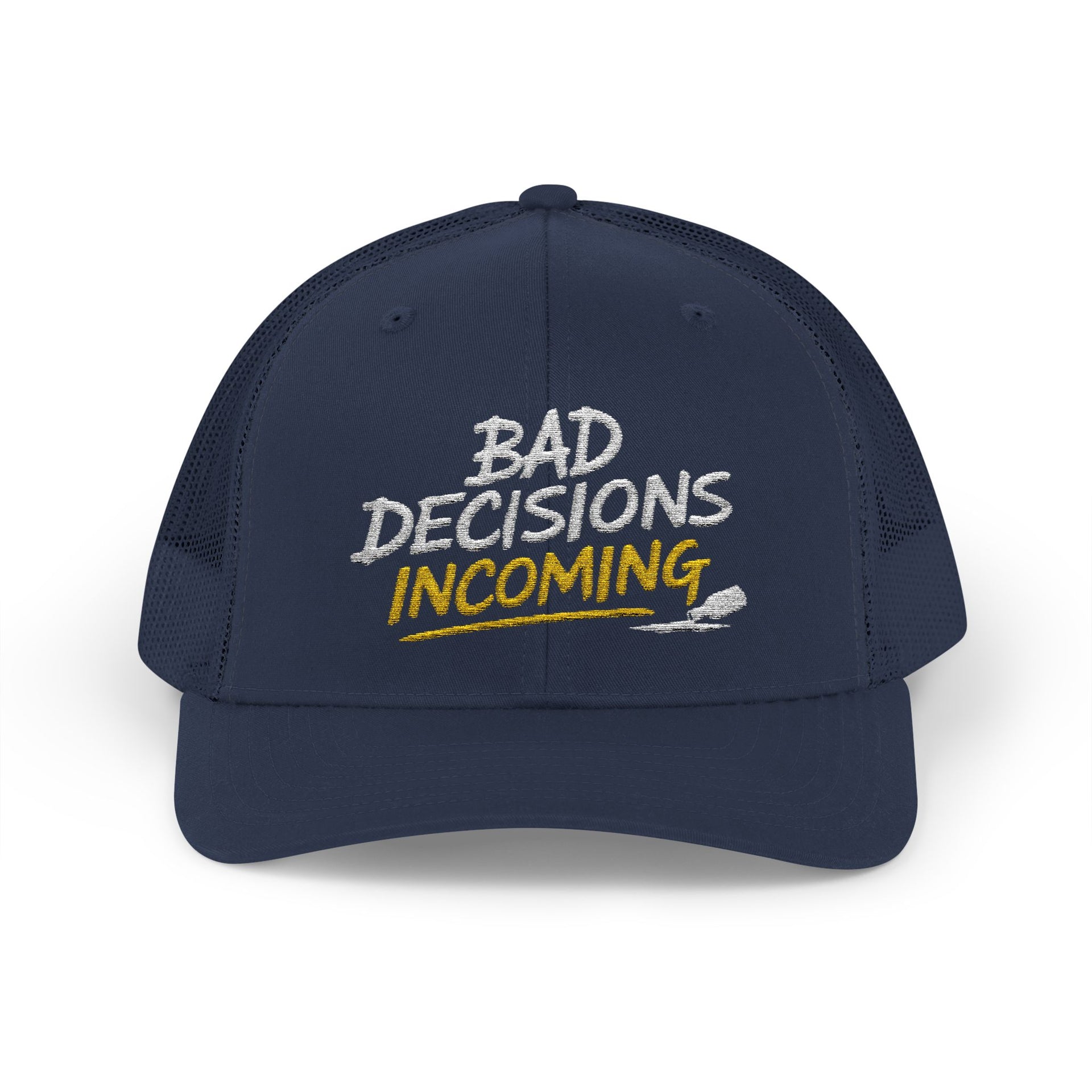 Woman wearing a navy curved trucker hat with embroidered text 'Bad Decisions Incoming'  funny Spring Break, Girls rips, Guys Trips, Beach Trips, Bachelor or Bachelorette design