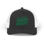 black and white curved trucker hat with the phrase 'Fueled by Green Beer' funny St Patricks Day pub crawl design