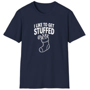 Funny Christmas Humor Short Sleeve Shirt with a stocking stuffed with presents and the text "I Like to get Stuffed" - Navy Blue