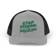 a gray and black curved trucker hat with the phrase "Stop Staring at my Shillelagh" funny St Patricks Day pub crawl or parade design