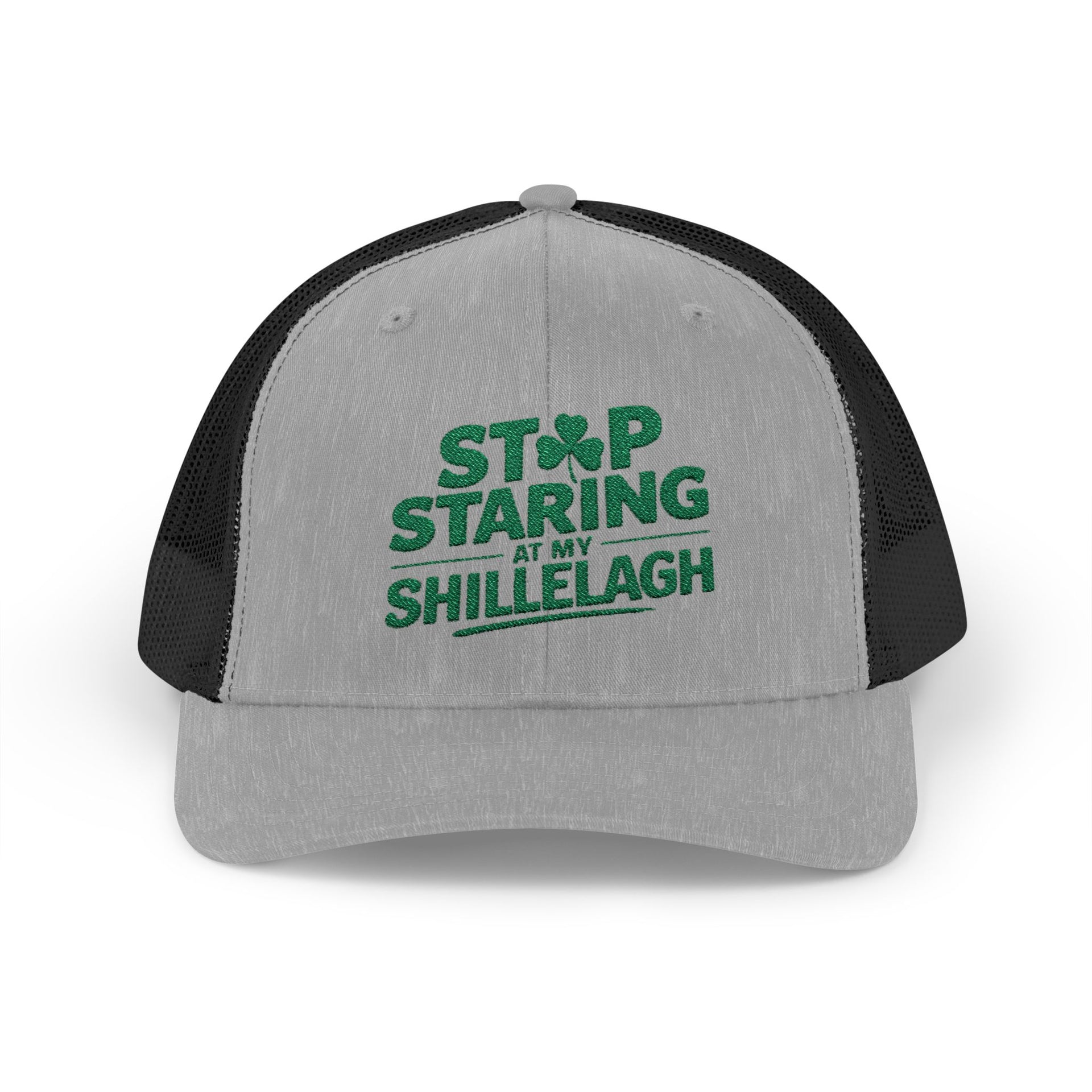 a gray and black curved trucker hat with the phrase "Stop Staring at my Shillelagh" funny St Patricks Day pub crawl or parade design