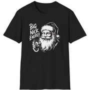 Funny Christmas Drinking  Short Sleeve Shirt with Santa drinking from a whiskey glass and the text "Big Nick Energy" - Black