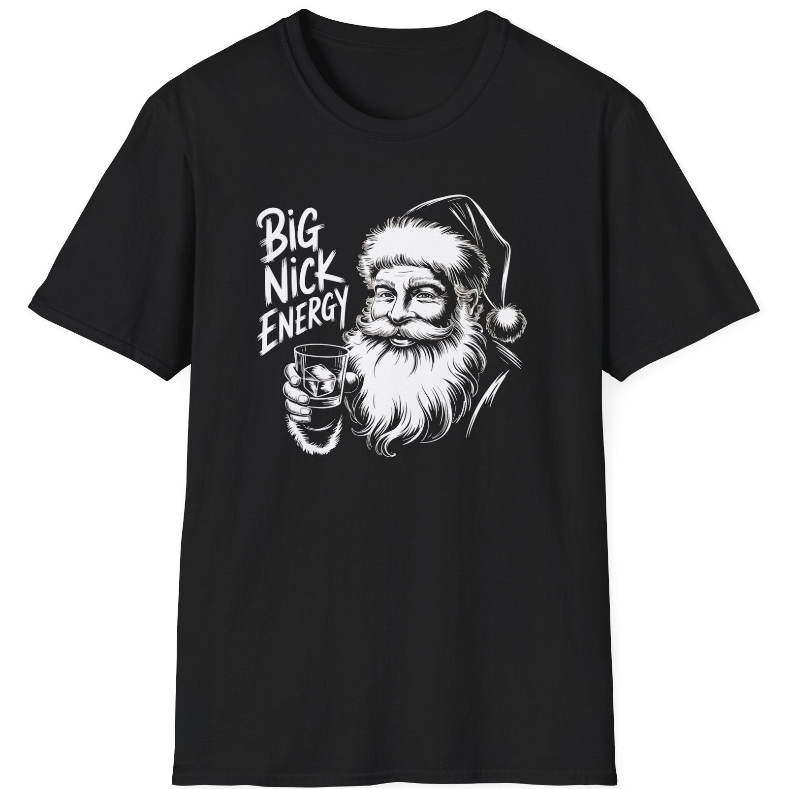 Funny Christmas Drinking  Short Sleeve Shirt with Santa drinking from a whiskey glass and the text "Big Nick Energy" - Black