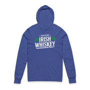 Blue hoodie with 'Fueled by Irish Whiskey' text on a white background