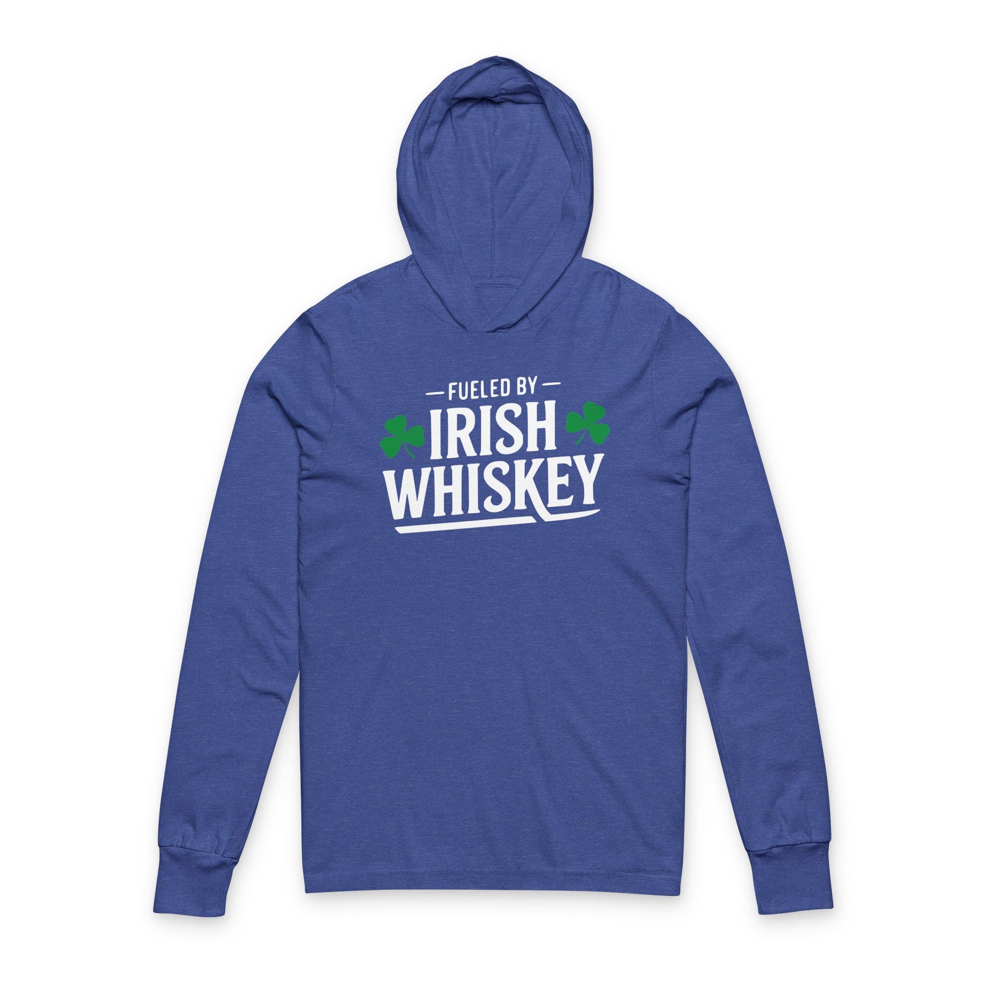 Blue hoodie with 'Fueled by Irish Whiskey' text on a white background