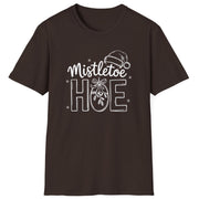 Funny Christmas Humor Short Sleeve Shirt with mistletoe and a santa hat and the text and the text "Mistletoe Hoe" - Dark Chocolate