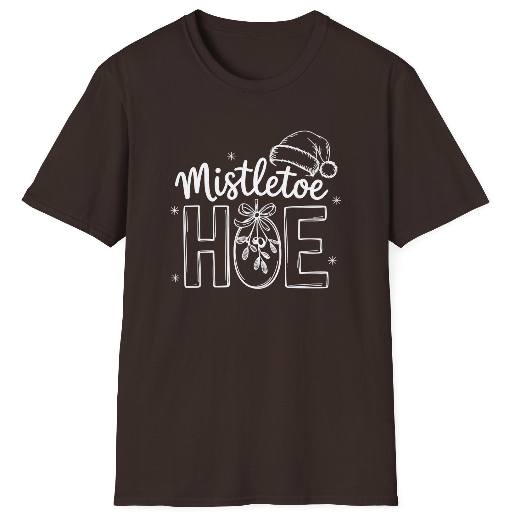 Funny Christmas Humor Short Sleeve Shirt with mistletoe and a santa hat and the text and the text "Mistletoe Hoe" - Dark Chocolate