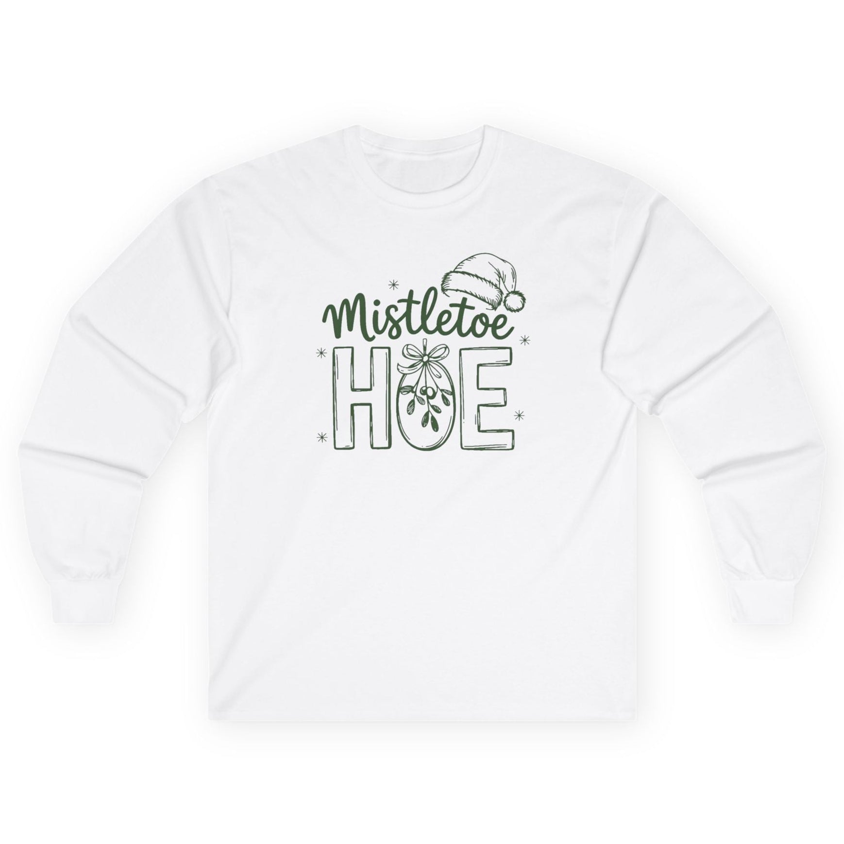 White sweatshirt with 'Mistletoe Hoe' text unny christmas tee
