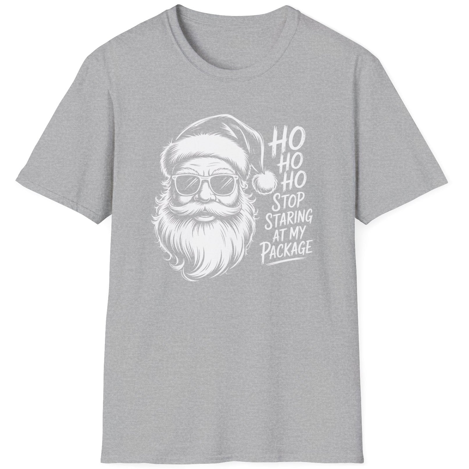 Funny Christmas Drinking  Short Sleeve Shirt with Santa drinking a cocktail and the text " Ho Ho Ho Stop Staring at my Package" - Sport Grey