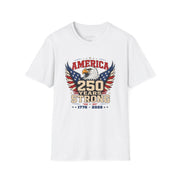 A white T-shirt with an eagle graphic and '250 Years Strong' text, patriotic 4th of July, America 250 design