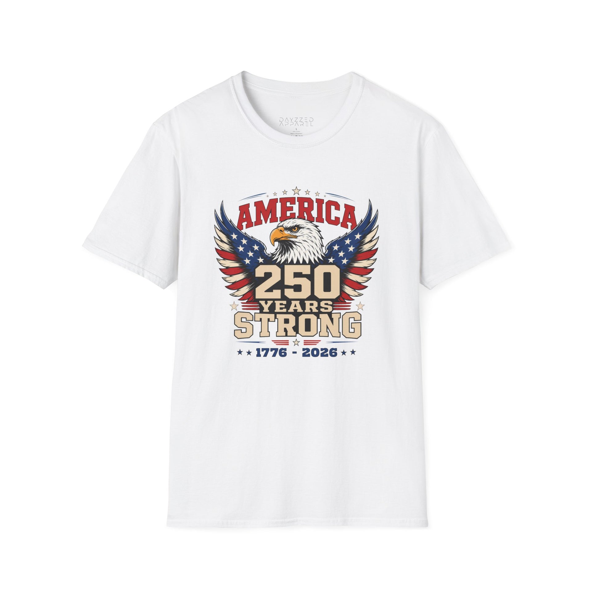 A white T-shirt with an eagle graphic and '250 Years Strong' text, patriotic 4th of July, America 250 design