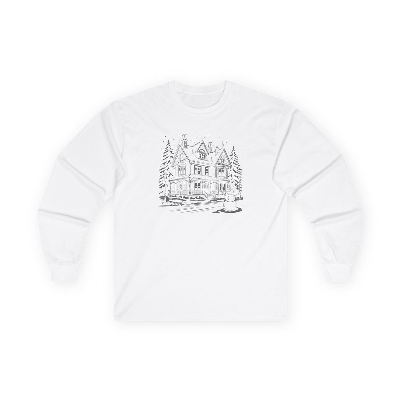 Snowy Mansion – Vintage Winter Holiday Long Sleeve Tee