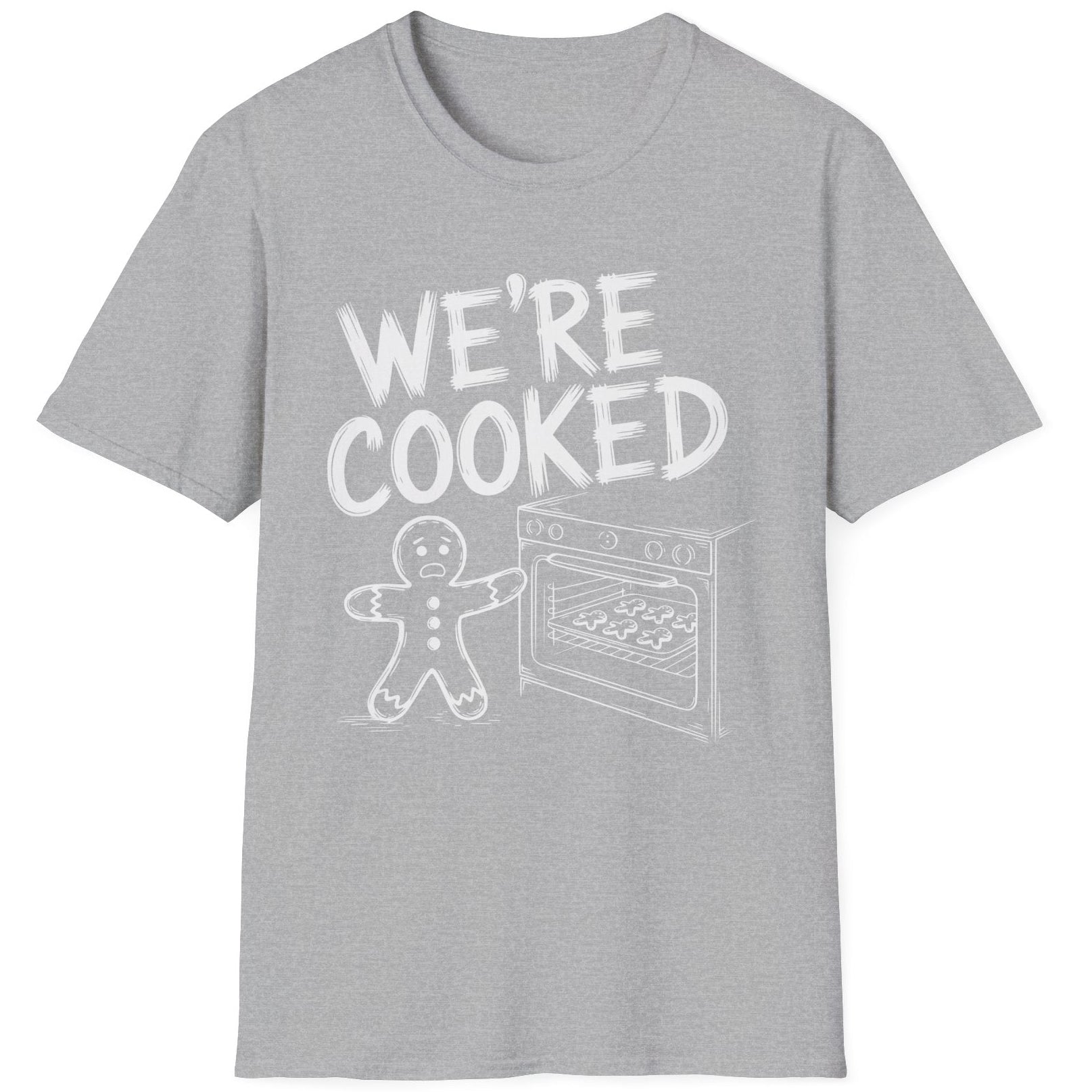 Funny Christmas Short Sleeve Shirt with a gingerbread man holding the oven door open with a sheet pan of gingerbread cookies and the text "We're Cooked" - Sport Grey