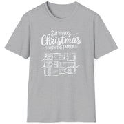 Gray  t-shirt with the phrase surviving christmas with the family funny christmas sweater