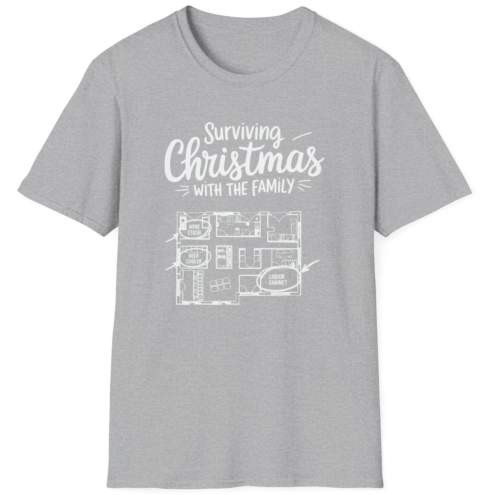 Gray  t-shirt with the phrase surviving christmas with the family funny christmas sweater