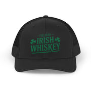 a black curved trucker hat with the phrase 'Fueled by Irish Whiskey' funny St Patricks Day Pub crawl and parade design