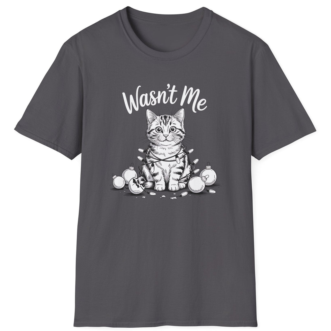 Funny Christmas Cat Humor Short Sleeve Shirt with a cute cat wrapped in christmas lights and surrounded by broken ornaments and the text "Wasn't Me" - Charcoal