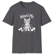 Funny Christmas Cat Humor Short Sleeve Shirt with a cute cat wrapped in christmas lights and surrounded by broken ornaments and the text "Wasn't Me" - Charcoal
