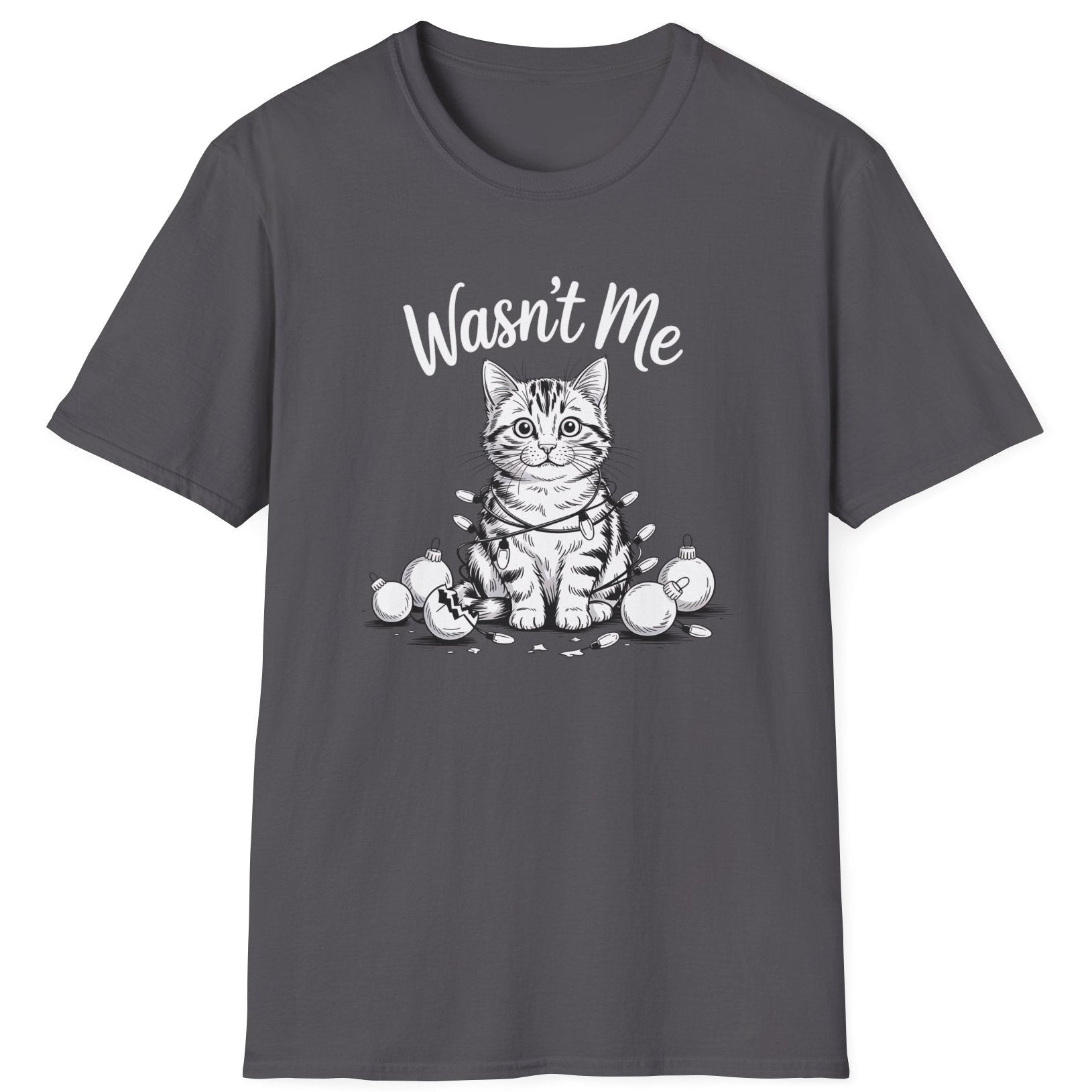 Funny Christmas Cat Humor Short Sleeve Shirt with a cute cat wrapped in christmas lights and surrounded by broken ornaments and the text "Wasn't Me" - Charcoal