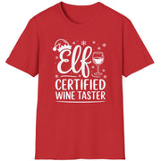Funny Christmas Humor Short Sleeve Shirt with wine glass and elf hat and the text and the text Elf Certified Wine Taster - Red