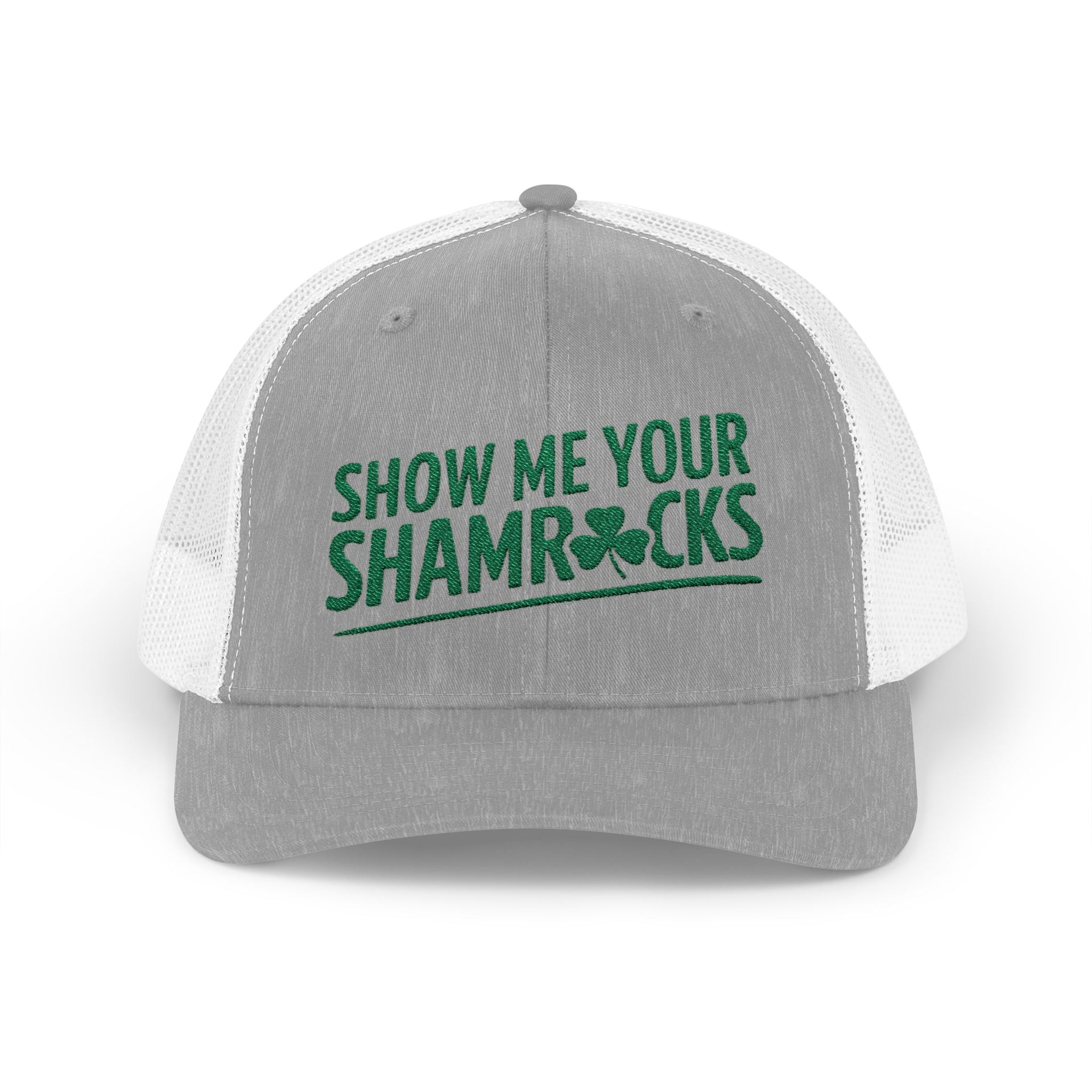 a gray and white curved trucker hat with 'Show Me Your Shamrocks' text funny st patricks day pub crawl design