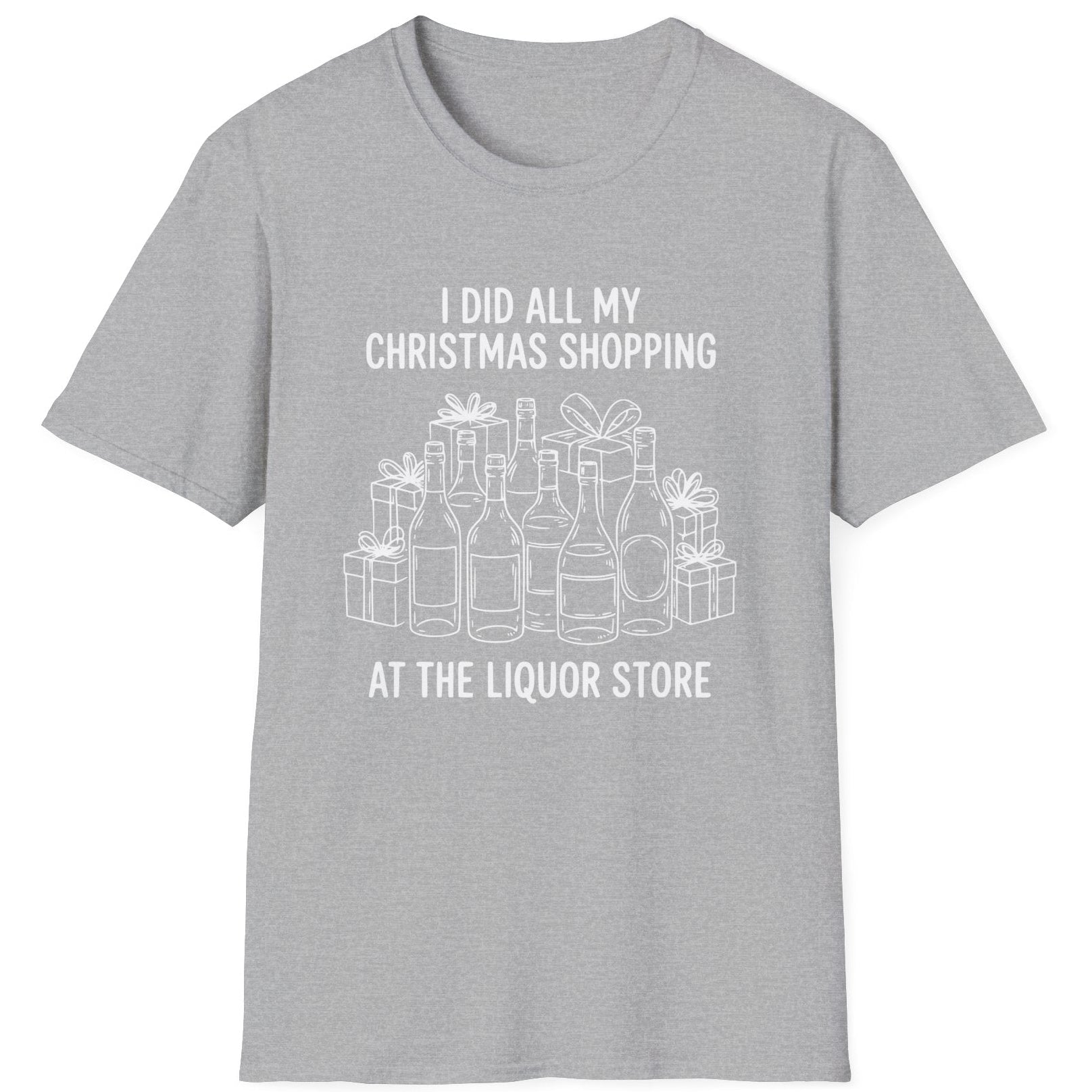 Funny Christmas Drinking Short Sleeve Shirt with liquor bottles and wrapped packages and the text "I did all my Christmas Shopping at the Liquor Store" - Sport Grey