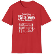 Red  t-shirt with the phrase surviving christmas with the family funny christmas sweater