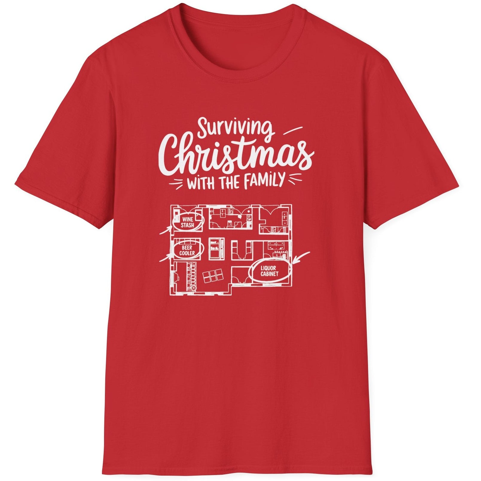 Red  t-shirt with the phrase surviving christmas with the family funny christmas sweater