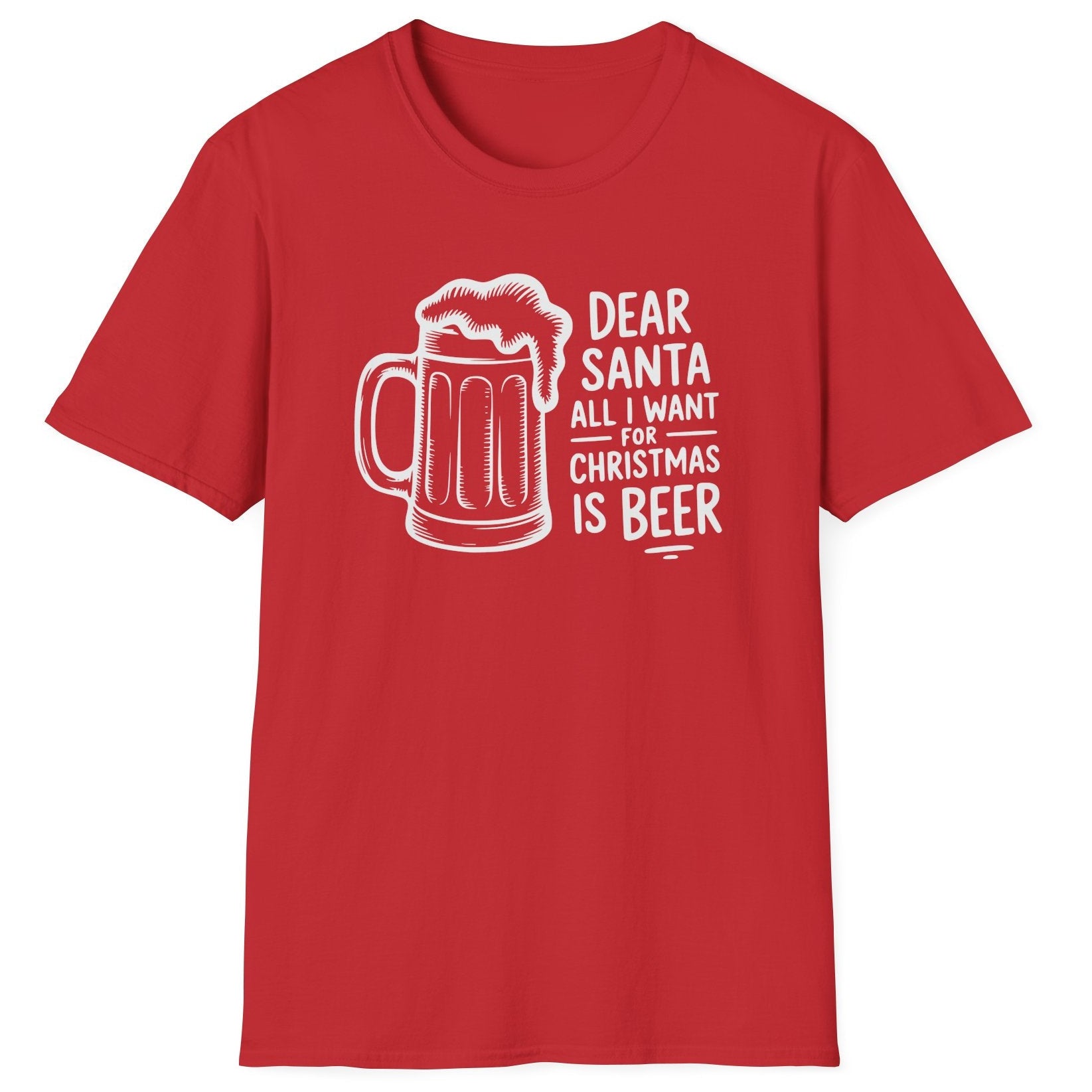 Funny Christmas Drinking Humor Short Sleeve Shirt with a Beer Mug and the text "Dear Santa All I want for Christmas is Beer" - Red