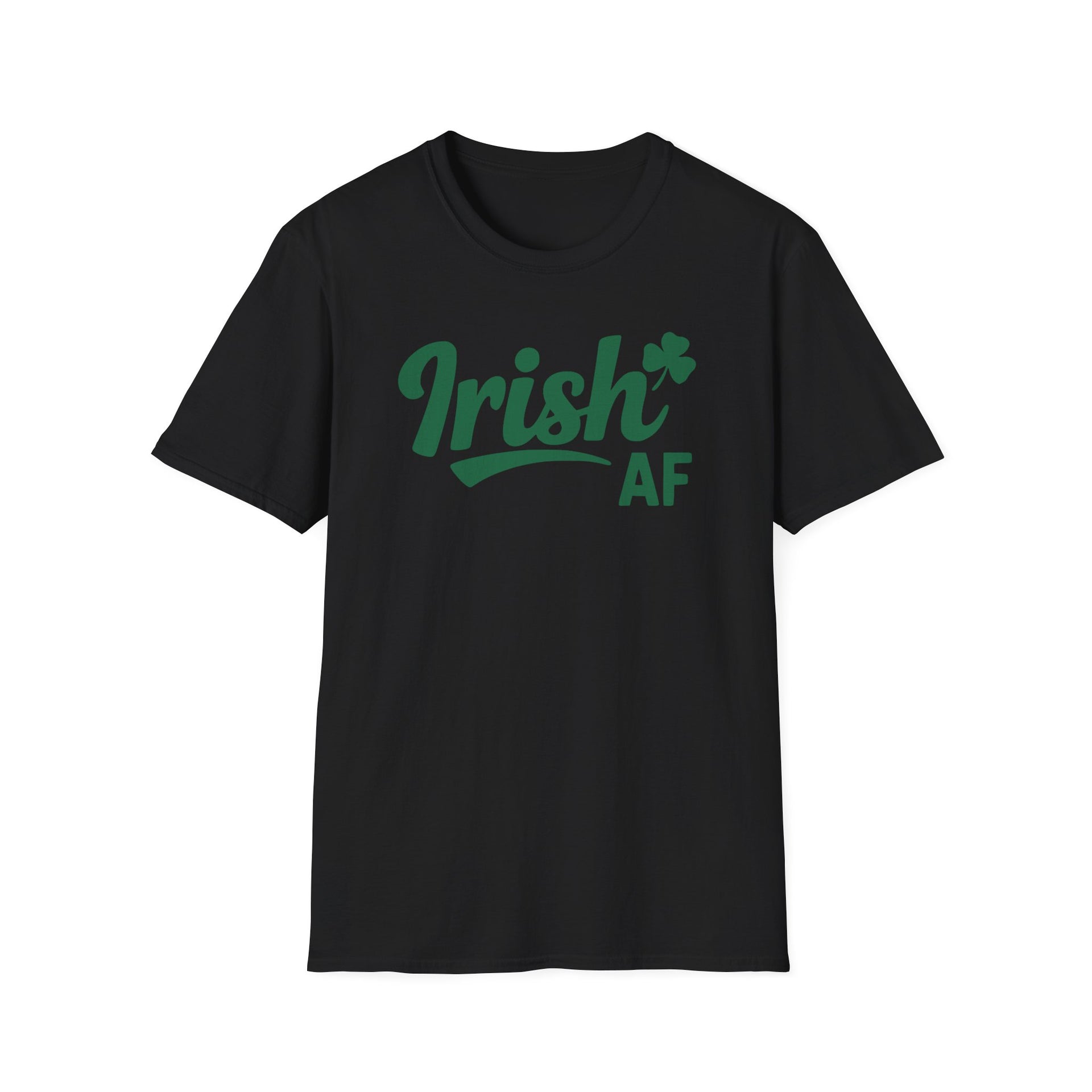 black t-shirt with the phrase 'Irish AF' i funny st patricks day design