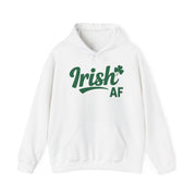 White hoodie with the phrase Irish AF funny St Patricks Day design