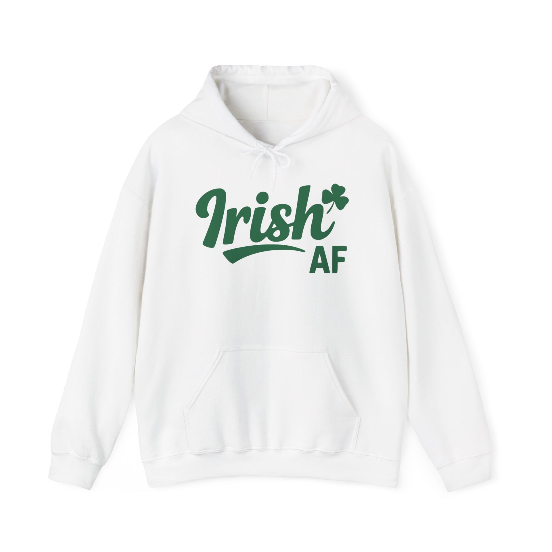 White hoodie with the phrase Irish AF funny St Patricks Day design