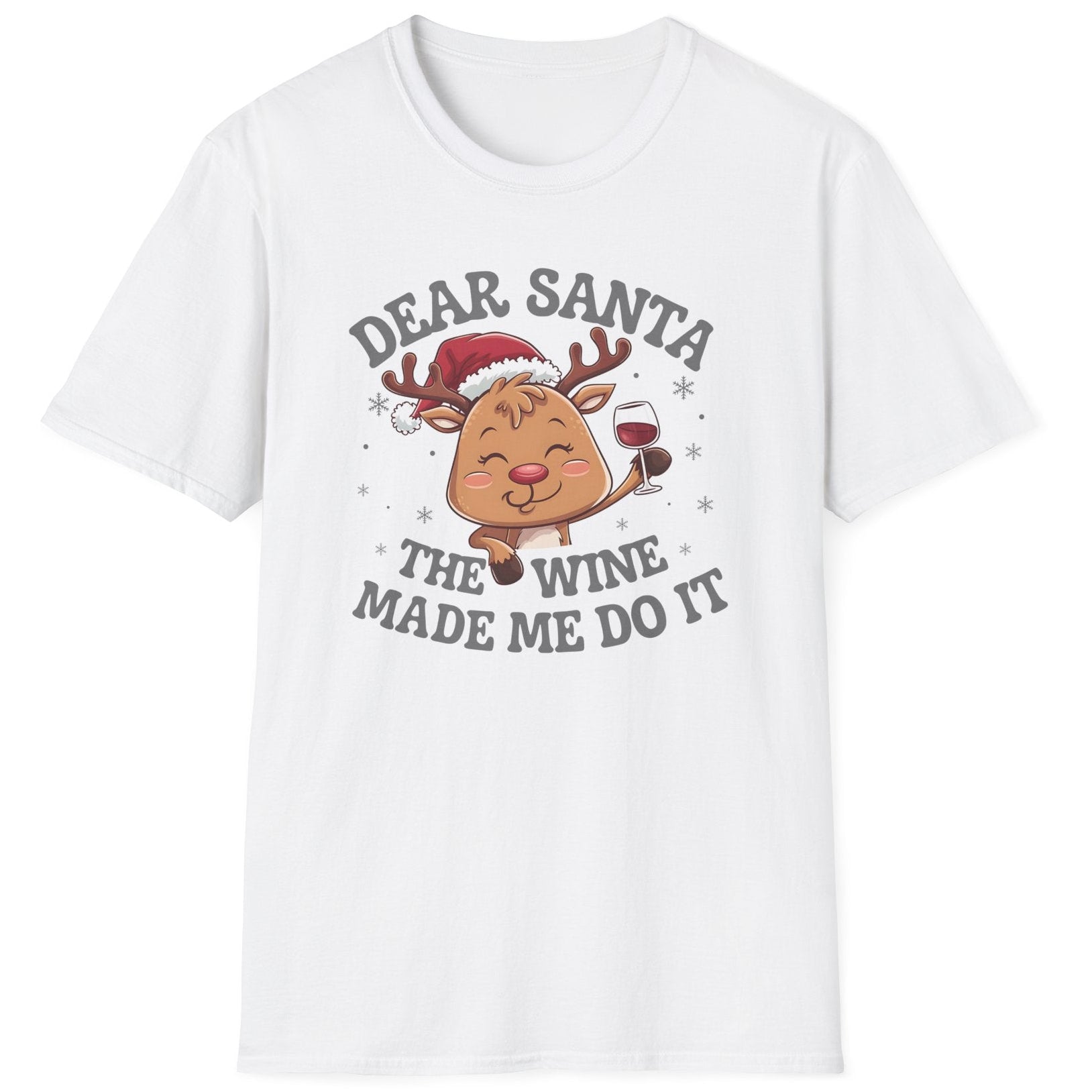Funny Christmas Short Sleeve Shirt with  a cute reindeer drinking wine and the text "Dear Santa the Wine Made Me Do It" - White