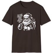 Black  t-shirt with a graphic of Santa Claus holding a beer and the text cant have christmas cheer without christmas beer