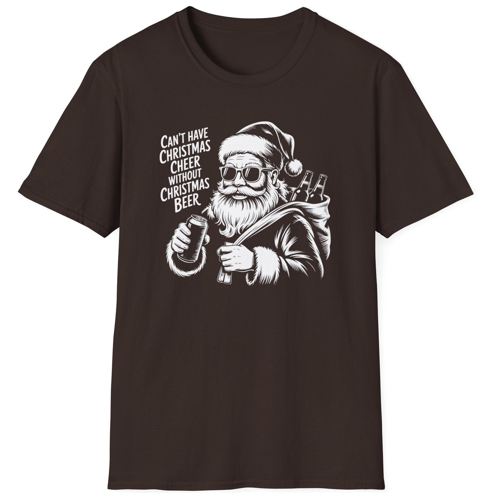 Black  t-shirt with a graphic of Santa Claus holding a beer and the text cant have christmas cheer without christmas beer