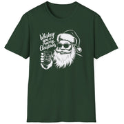Funny Christmas Short Sleeve Shirt with Santa flipping his middle fingers and the text " Merry Kiss My Ass" - Forest Green