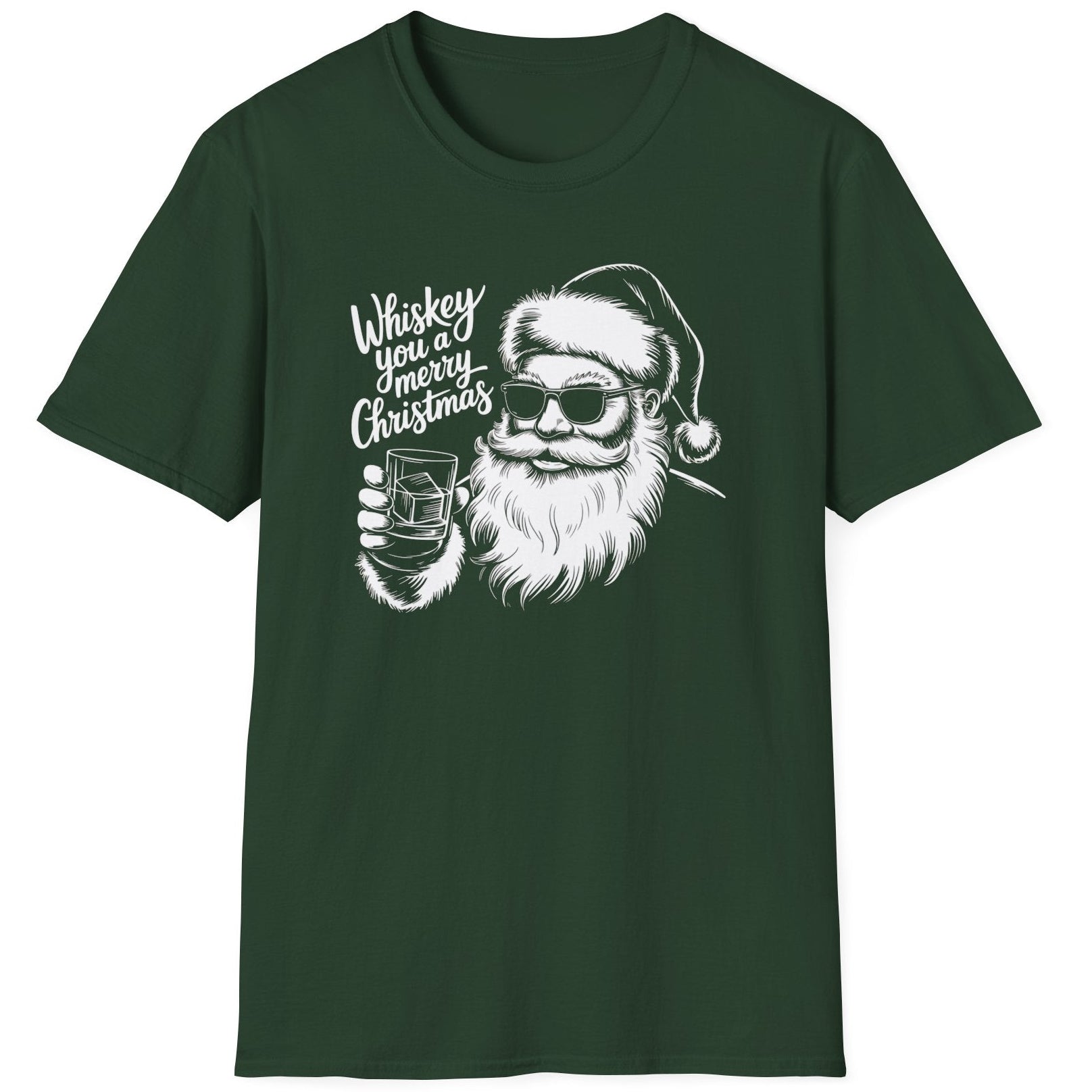 Funny Christmas Short Sleeve Shirt with Santa flipping his middle fingers and the text " Merry Kiss My Ass" - Forest Green