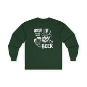 Forest Green long sleeve tee with leprechaun graphic and text 'Irish I had more beer' funny St Patricks pub crawl and parade design