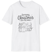 White t-shirt with the phrase surviving christmas with the family funny christmas sweater