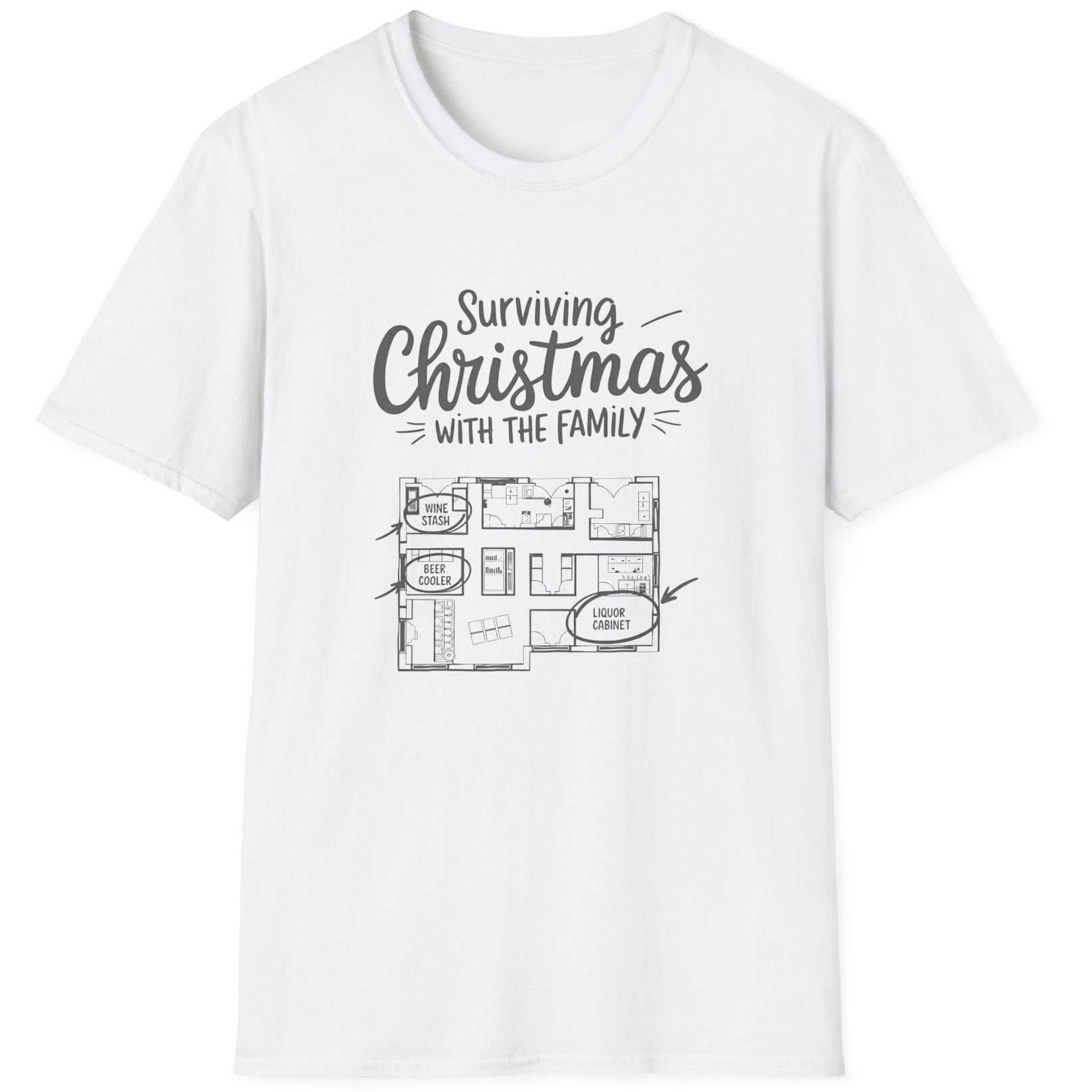 White t-shirt with the phrase surviving christmas with the family funny christmas sweater