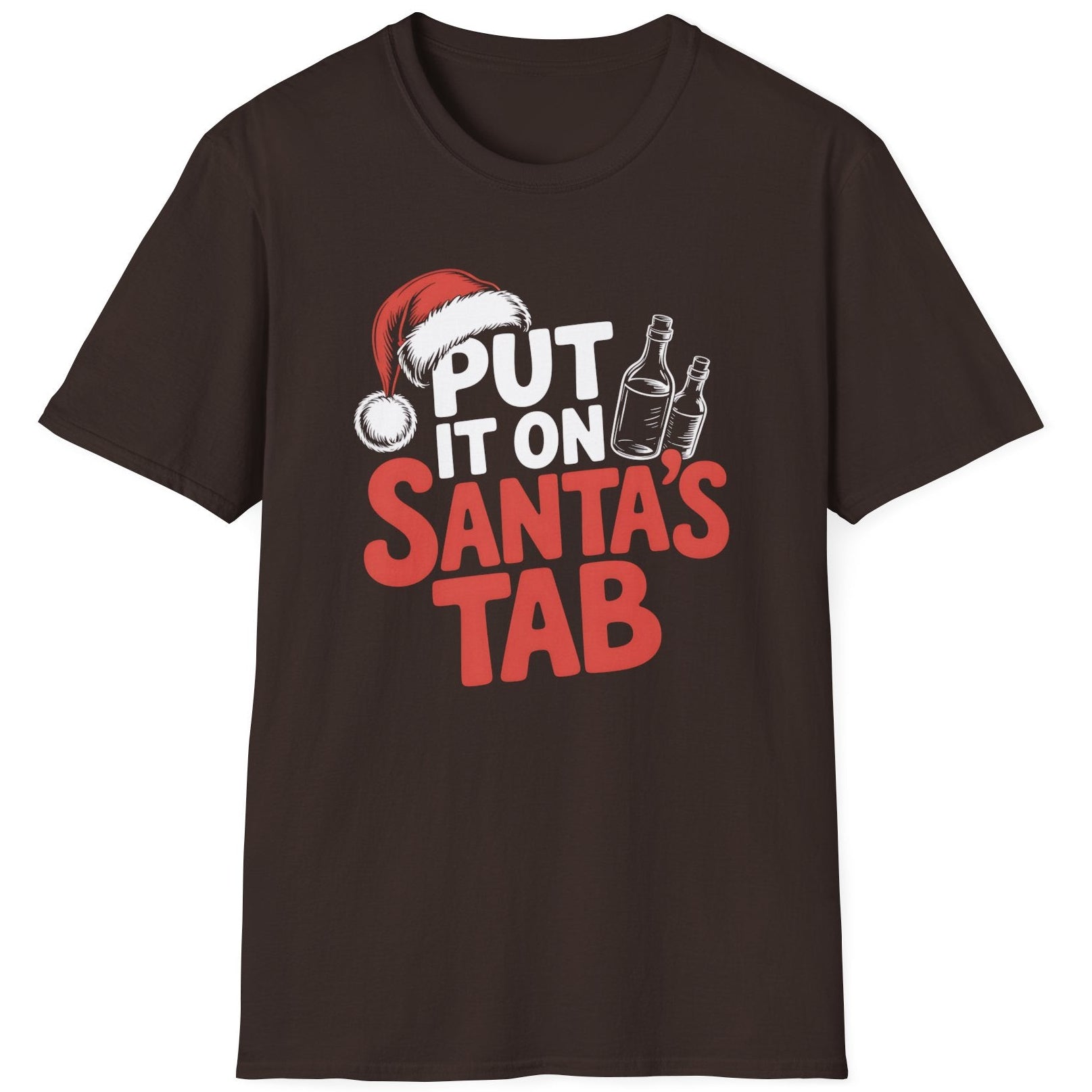 Brown t-shirt with the phrase put it on santa's tab funny christmas sweater