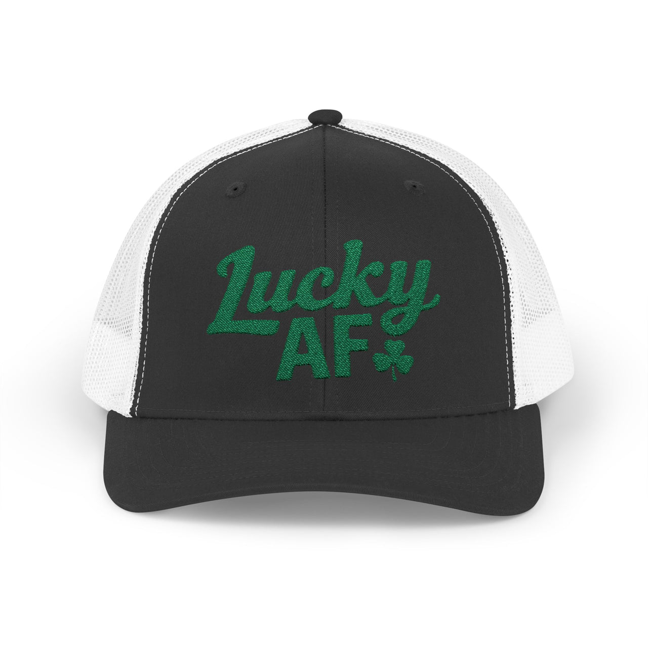  a black and white curved bill trucker hat with 'Lucky AF' text funny st patricks day pub crawl design