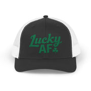  a black and white curved bill trucker hat with 'Lucky AF' text funny st patricks day pub crawl design