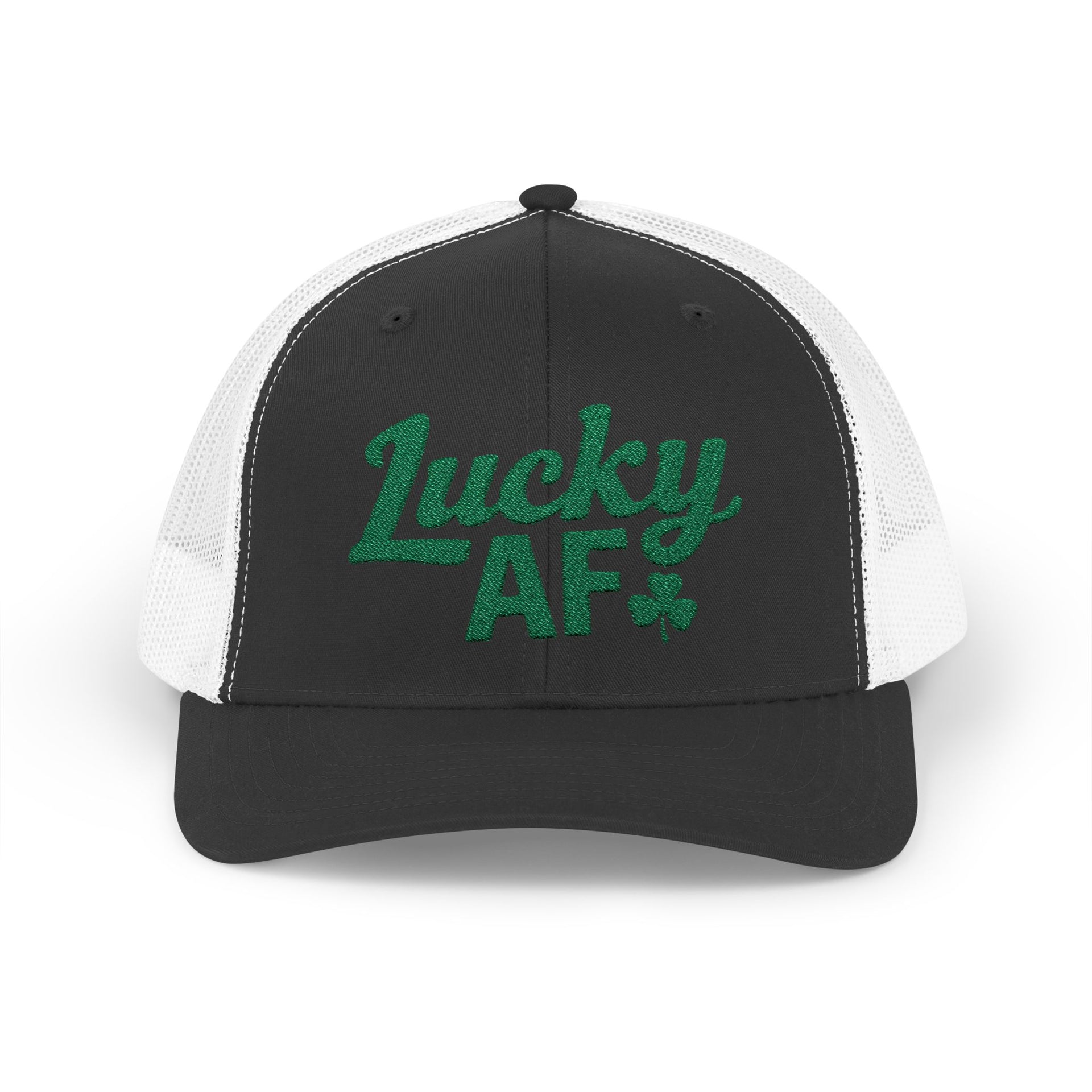  a black and white curved bill trucker hat with 'Lucky AF' text funny st patricks day pub crawl design