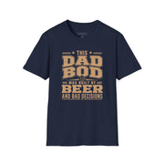 a navy t-shirt with the phrase "THis Dad Bod was Built on Beer and Bad decisions" funny father's day design