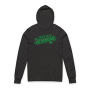 black hoodie with the phrase "i'm here for the shenanigans" funny st patricks day design